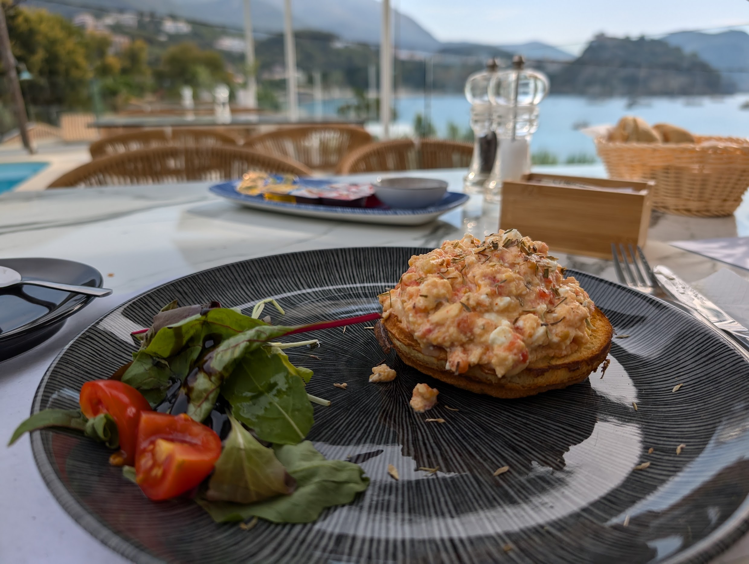 Daily Greek cooked breakfasts like Feta Scrambled Egg in Parga (Paradise)