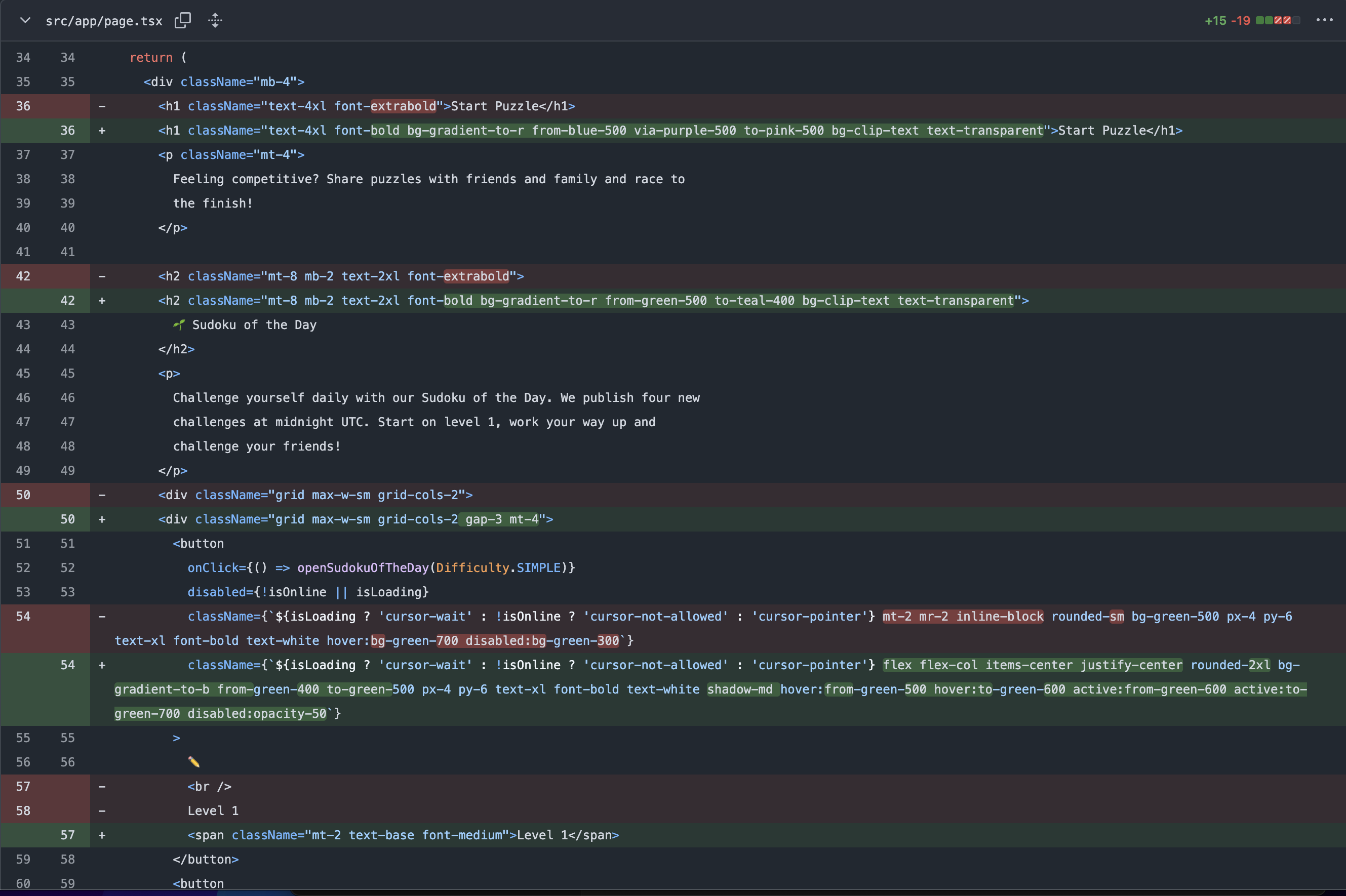 Git diff, all changes in Tailwind